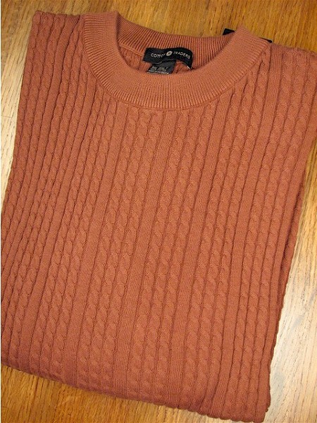 #355339. L TALL. BRONZE Retail $  69.00 Sweaters by CTTON TRADERS. VERTICAL CABLE CREW Whs A:  1