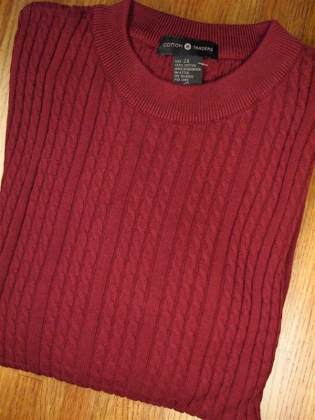 #355717. 2XL TALL. WINE Retail $  69.00 Sweaters by CTTON TRADERS. VERTICAL CABLE CREW