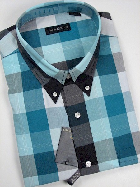 #319258. 2XL BIG. TEAL Retail $  46.00 Short Sleeve by CTTON TRADERS. WRINKLE RESIST PLAID Whs A:  3