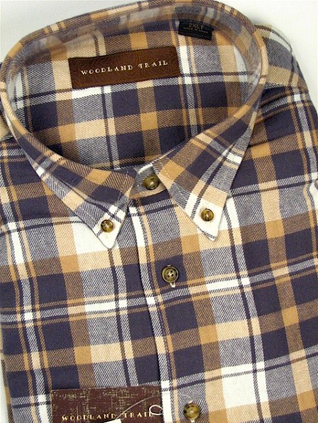 #291053. L TALL. DENIM Retail $  48.00 Long Sleeve Flannel by WOOD LAND TRAIL. RUGGED BRUSHED PLAID Whs A:  3