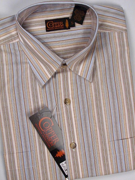 #322764. L TALL. TAN Retail $  50.00 Short Sleeve 2-pkt by COPPER COVE. 2-POCKET VERT STRIPE Whs A:  1