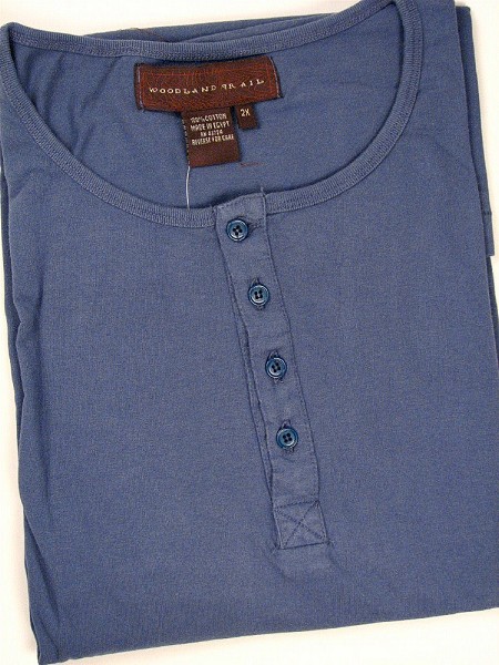 #203247. XL TALL. DENIM Retail $  29.00 Long Sleeve by WOOD LAND TRAIL. HENLEY LS DISTRESSED Whs A:  1