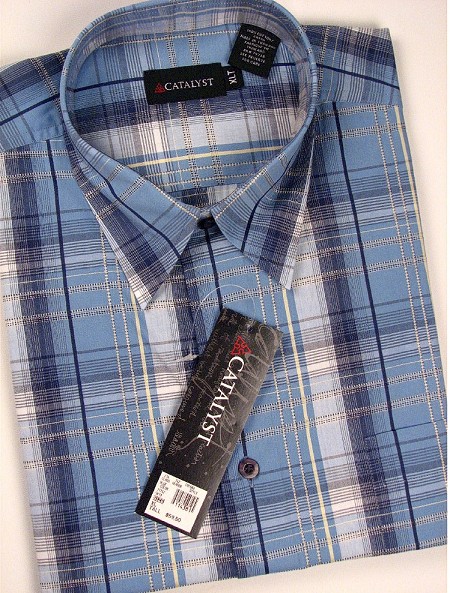 #114381. XL TALL. BLUE Retail $  59.50 Short Sleeve by CATALYST. WINDOWPANE PLAID Whs A:  1