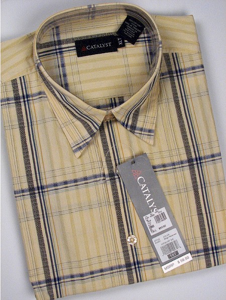 #051408. XL TALL. TAN Retail $  59.50 Short Sleeve by CATALYST. WINDOWPANE Whs A:  2