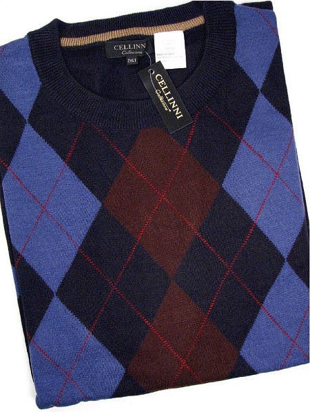#059107. XL TALL. NAVY Retail $  85.00 Sweaters by CELLINI. L/S CREW ARGYLE SWTR Whs A:  5