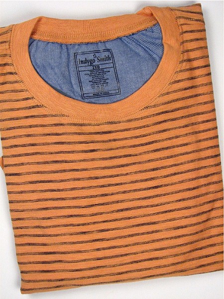 #093417. XL TALL. APRICOT Retail $  35.00 Short Slv No Pocket by INDYGO SMITH. SPACE DYE STRIPE TEE Whs A:  4