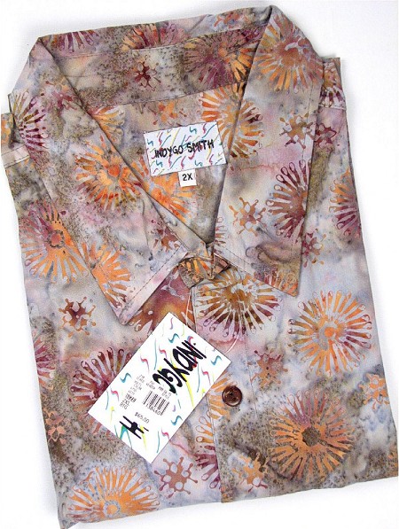 #138460. 2XL BIG. MULTI Retail $  65.00 Short Sleeve Tropical by INDYGO SMITH. BATIK COTTON PRINT Whs A:  1