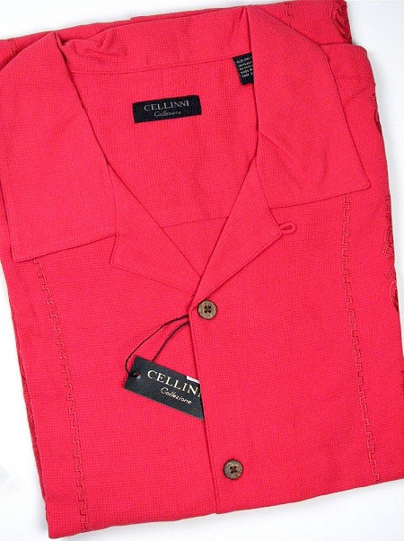 #088857. 3XL TALL. RED Retail $  75.00 Short Sleeve Updated by CELLINI. EMBROIDERED SILK CAMP Whs A:  2