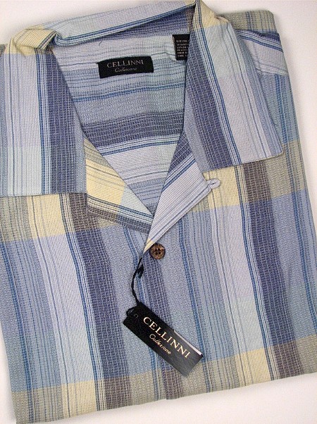 #155814. 2XL TALL. BLUE Retail $  75.00 Short Sleeve Updated by CELLINI. SILK/COTTON PLD CAMP Whs A:  1