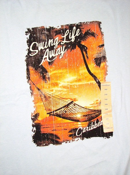 #297129. 3XL BIG. BLUE Retail $  35.00 Short Slv Graphic Tee by CARIBBEAN. SWING LIFE AWAY Whs A:  1