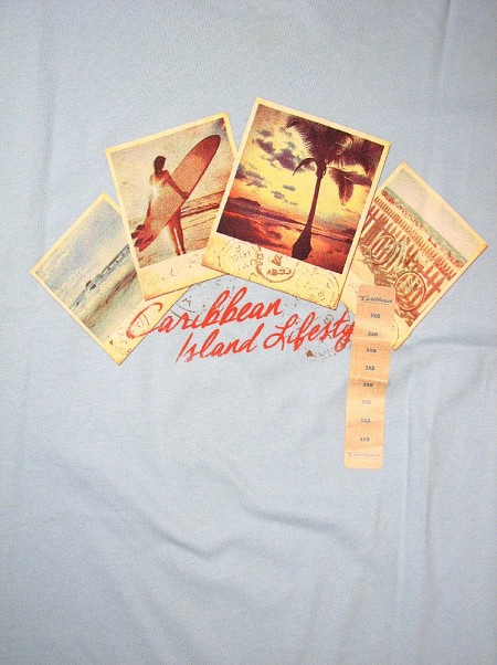 #297174. 3XL TALL. BLUE Retail $  35.00 Short Slv Graphic Tee by CARIBBEAN. ISLAND LIFESTYLE TEE Whs A:  2