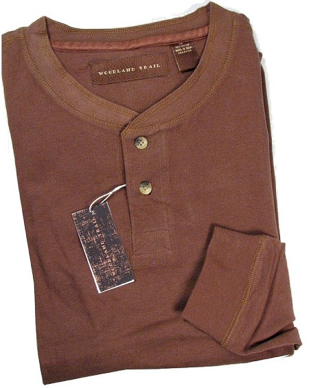 #109190. L TALL. BROWN Retail $  46.00 Long Sleeve by WOOD LAND TRAIL. MOLESKIN LS HENLEY Whs A:  1
