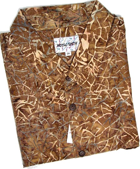 #083216. 2XL BIG. BROWN Retail $  65.00 Short Sleeve Tropical by INDYGO SMITH. BATIK COTTON PRINT Whs A:  5