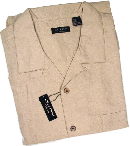 #107226. 4XL BIG. KHAKI Retail $  65.00 Short Sleeve Tropical by CELLINI. TEXTURED SILK SOLID Whs A:  2
