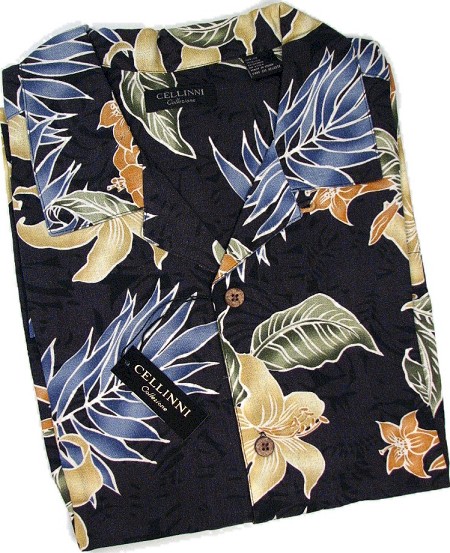 #089755. 2XL BIG. BLACK Retail $  75.00 Short Sleeve Tropical by CELLINI. SILK CAMP TROPICAL Whs A:  2