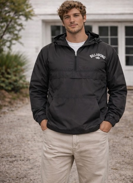 #015165. 5XL BIG. BLACK Retail $  50.00 Outerwear by BILLABONG. 1/2 ZIP ANORAK JACKET Whs A:  1