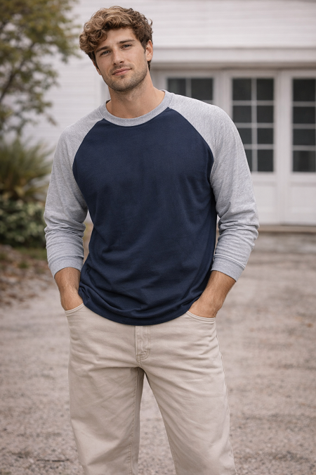 #014410. 3XL TALL. GREY BASEBALL SHIRT Long Sleeve Tee by FALCON BAY. Whs A:  2