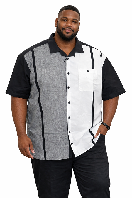 #085195. 5XL BIG. BLACK Retail $  59.00 Short Sleeve Tropical by AFTER DARK. COLOR BLOCK RETRO Whs A:  1