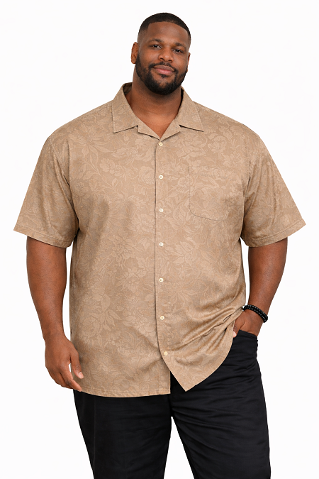 #031361. 4XL BIG. KHAKI Retail $  49.00 Short Sleeve Tropical by AFTER DARK. JACQUARD SOLID CAMP Whs A:  1